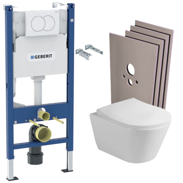 Pack WC Bati support + WC sans bride Lucco Avva + Abattant softclose + Plaque blanche + Set habillage