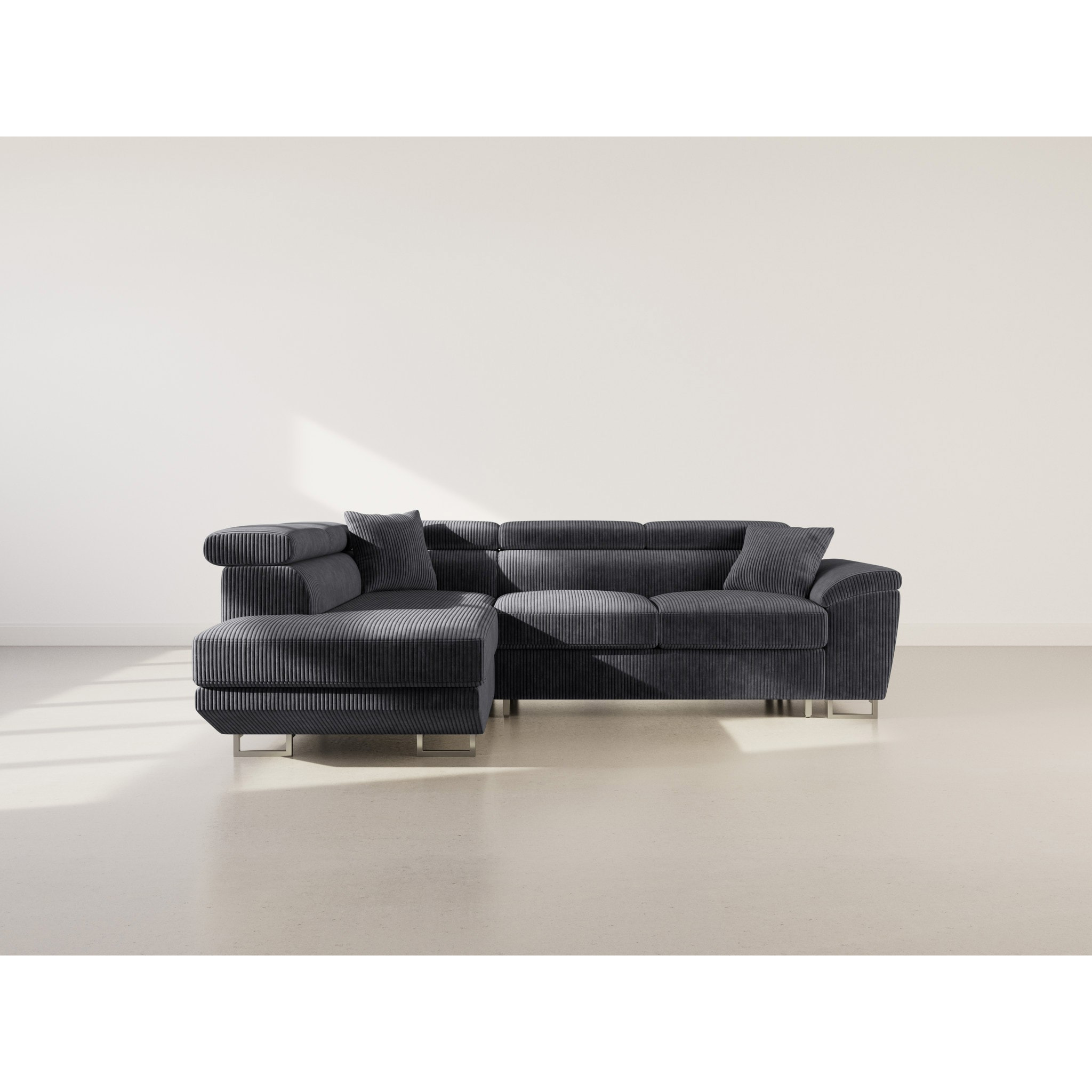 Baoji - Canapé d'angle gauche 5 places convertible avec têtières et coffre en velours côtelé - Gris