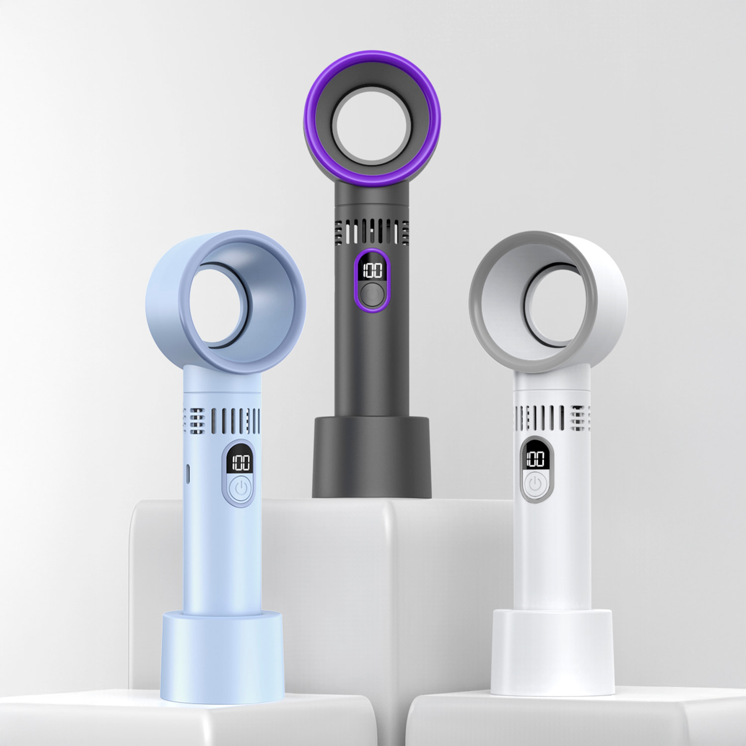 Ventilador sin aspas portátil con 5 niveles de velocidad y pantalla LCD.