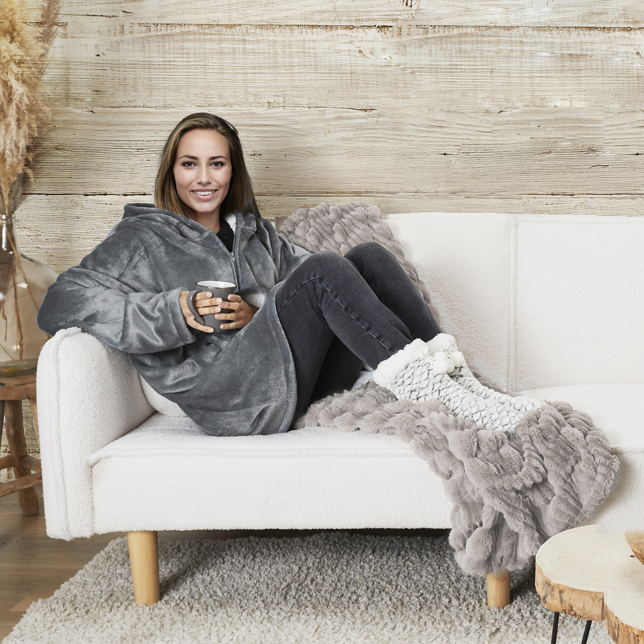 Plaid - HOME DECO FACTORY - Ultraconfortable - Sherpa - Gris et blanc