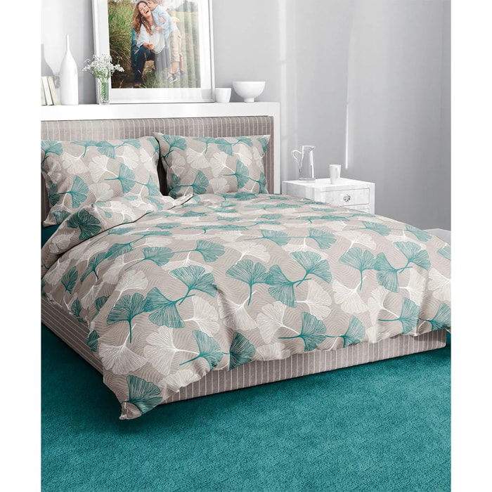 Parure Copripiumino Ginko Verde per letto singolo in 100% Cotone e Made in Italy, botanico felce