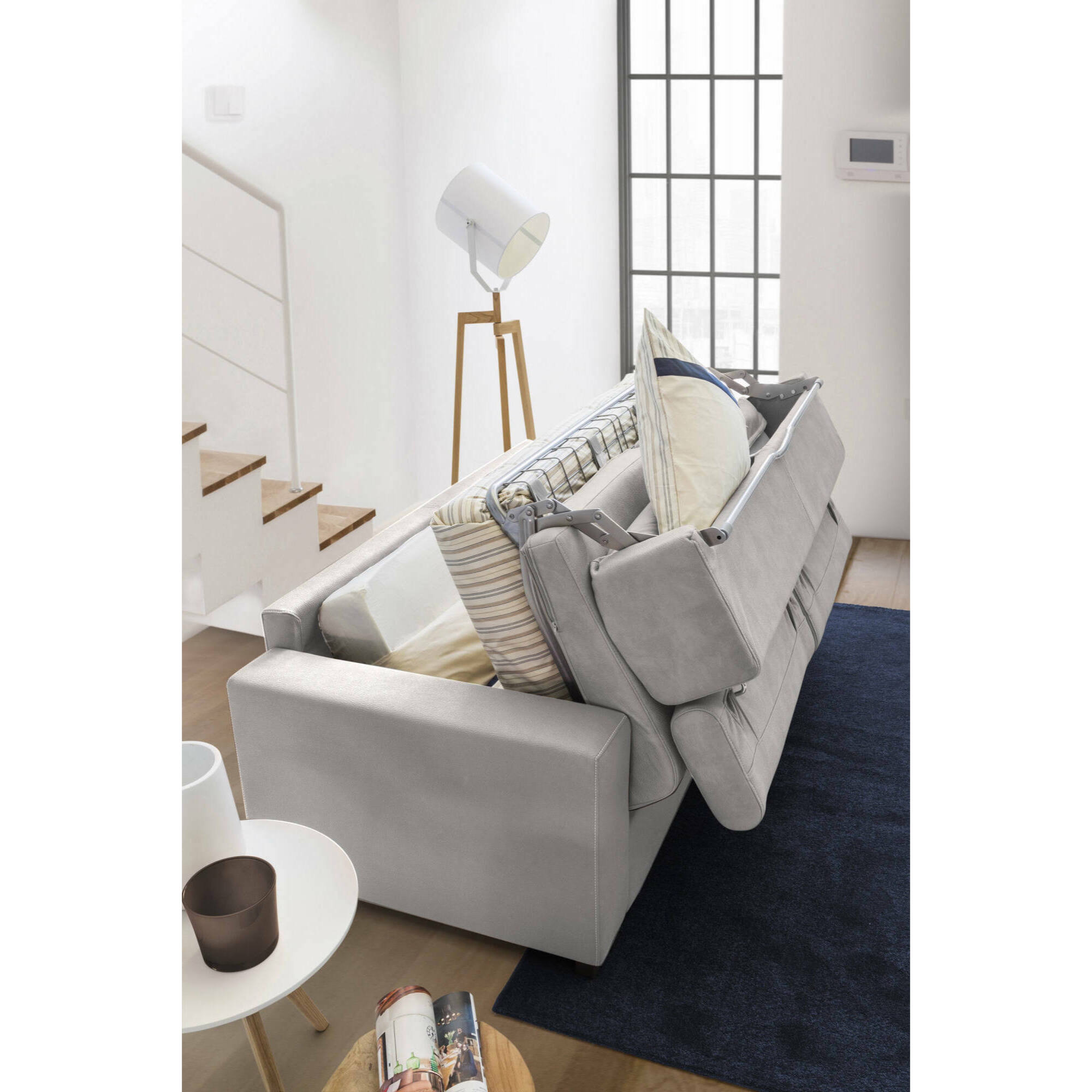 Divano letto con penisola Albenga, Sofà apertura girevole, Penisola contenitore Sinistra, Braccioli slim, 100% Made in Italy, Cm 260x95h90, Grigio