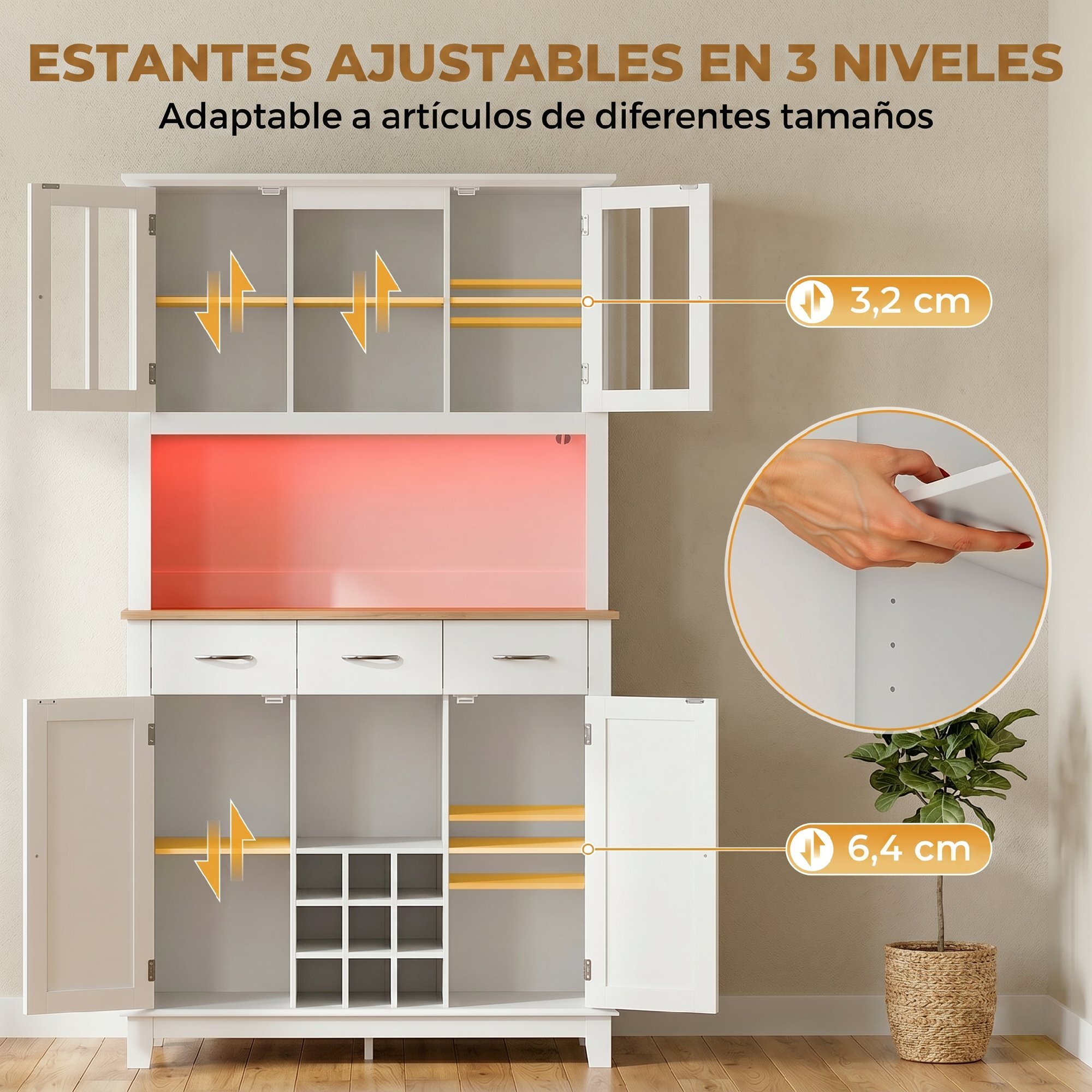 Alacena de Cocina con Iluminación LED Control por APP, Armario Cocina Alta con Encimera para Microondas, Botellero, Puertas de Vidrio, Estantes Abiertos, 3 Cajones, Estantes Ajustables, Blanco