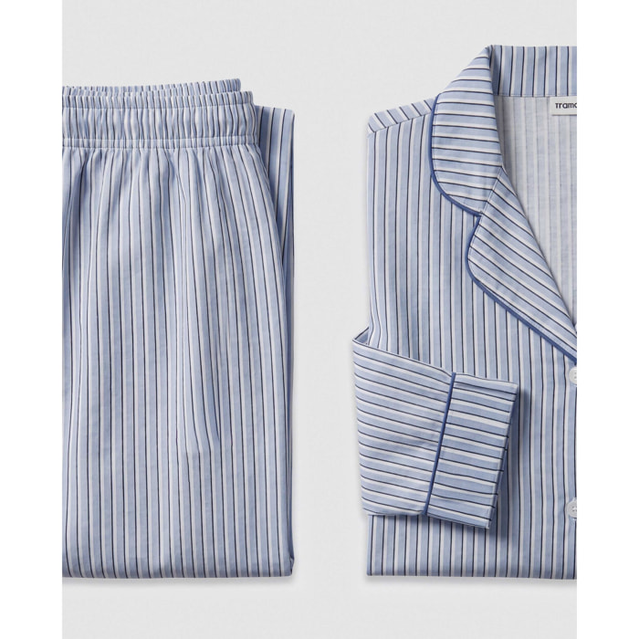 Pigiama lungo a camicia in cotone a righe Hermes blu Navy