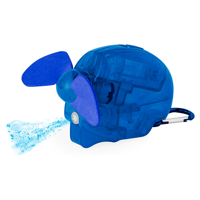 Ventilatore vaporizzatore portatile con serbatoio da 35 ml e spruzzatore d'acqua. Include un moschettone per facilitarne il trasporto.