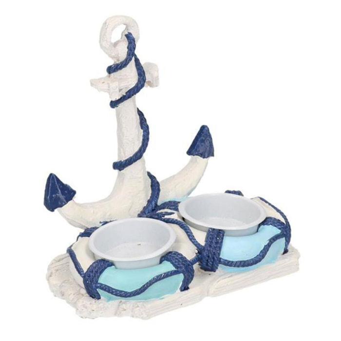 Portacandele mare in resina bianco e azzurro ancora 2 posti cm13x9h13