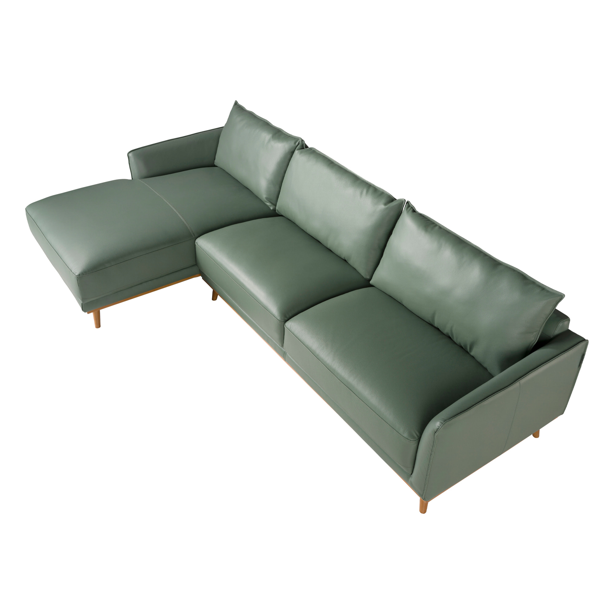 Sofá chaise longue izquierda de 5 plazas tapizado en piel de origen vacuno en verde patas de madera en miel 295x160x90cm