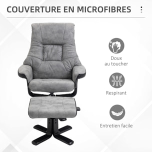 Fauteuil relax style contemporain - dossier inclinable, repose-pied - piètement bois peuplier noir tissu technique gris