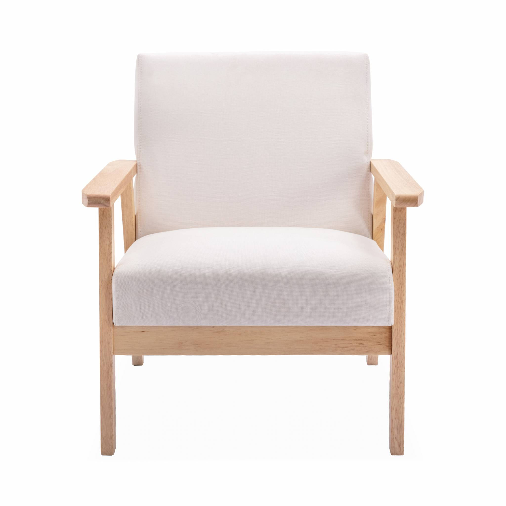 Banquette et fauteuil en bois et tissu crème. Isak. L 114 x l 69.5 x H 73cm