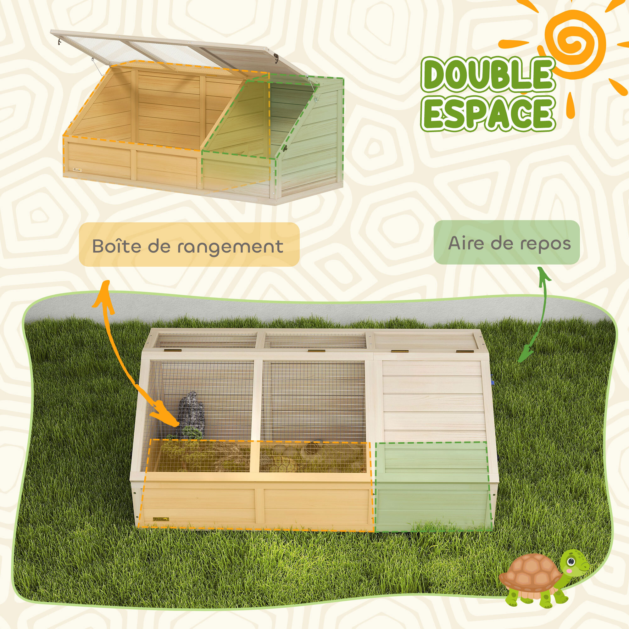Maison enclos pour tortues - espace niche et enclos - porte haute verrouillable - bois naturel