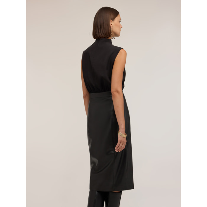 Motivi - Vestido tubo bimatérico con drapeado y abertura - Negro