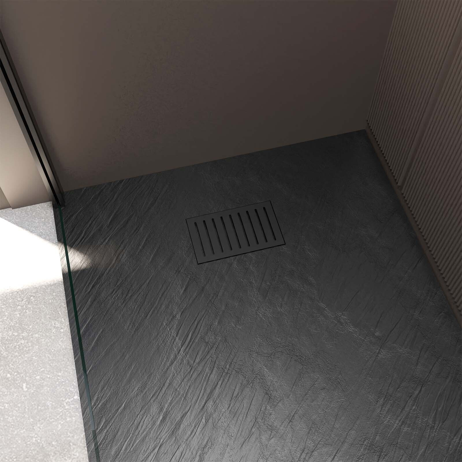 Receveur de douche Noir Effet Pierre 80x100 cm et Grille décor Linéaire Noire Mate
