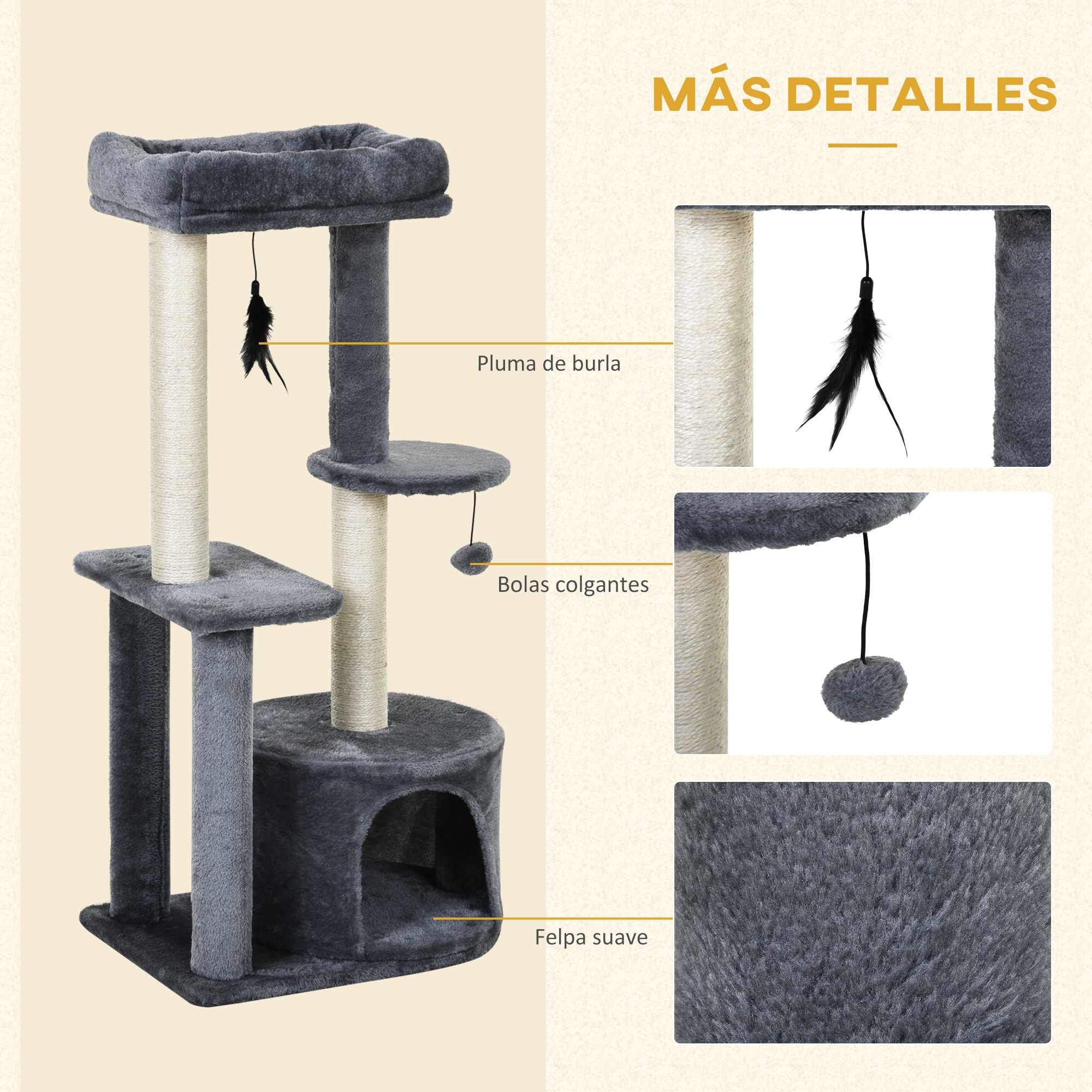 Árbol Rascador para Gatos de Felpa y Sisal 48x35x100cm Gris