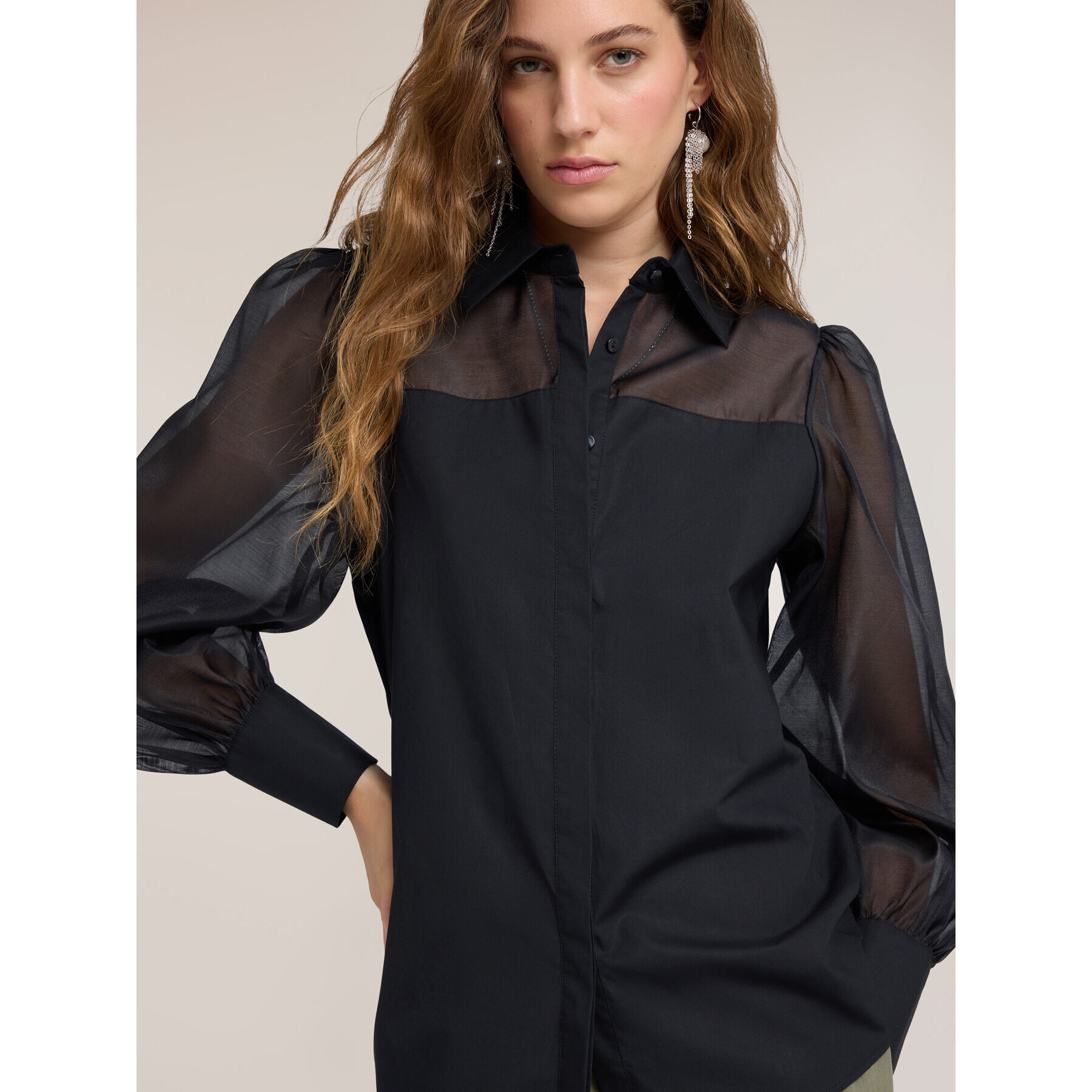 Motivi - Camisa de popelín con detalles semitransparentes - Negro