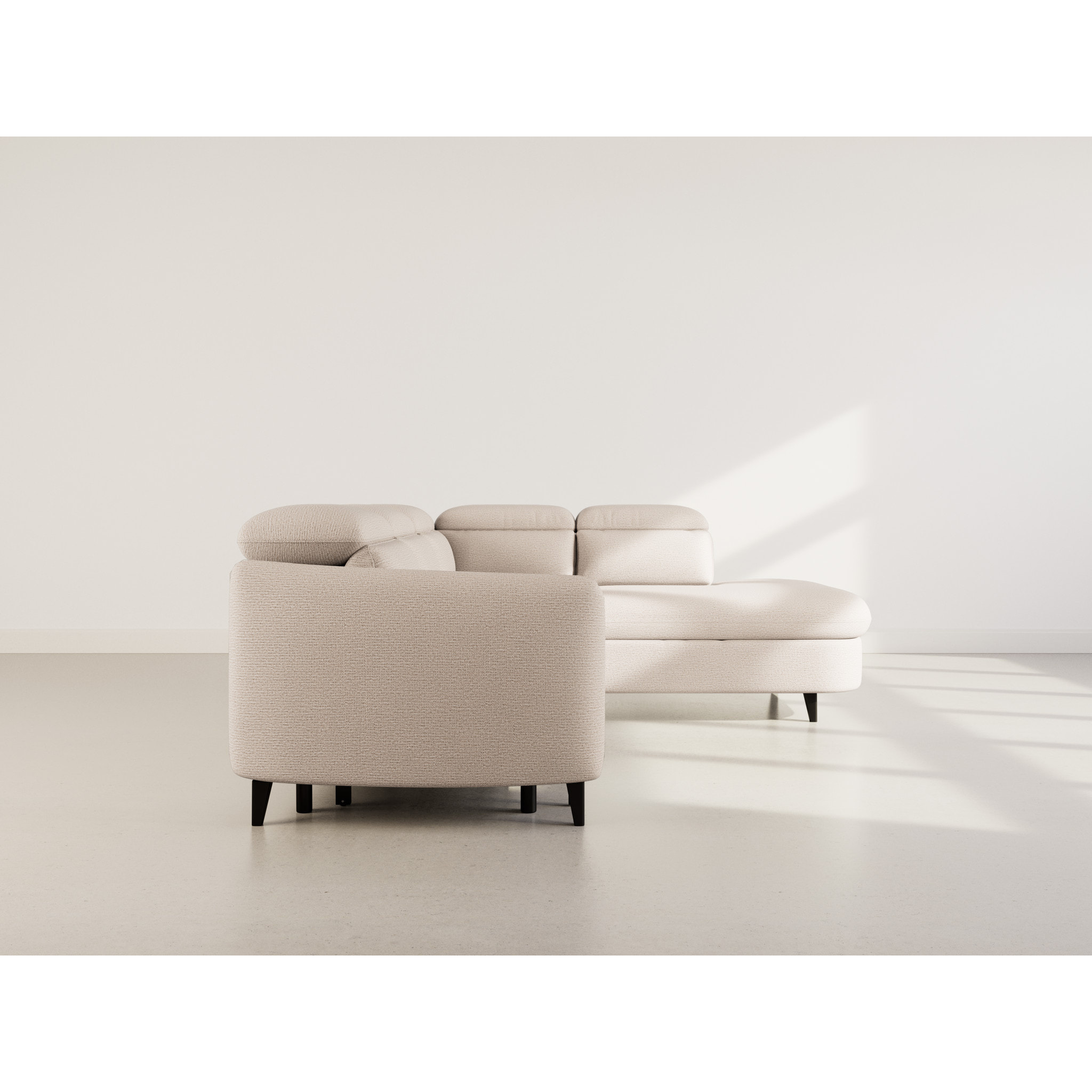 Opaline - Canapé d'angle droit 5 places convertible avec têtières et coffre en tissu texturé - Beige