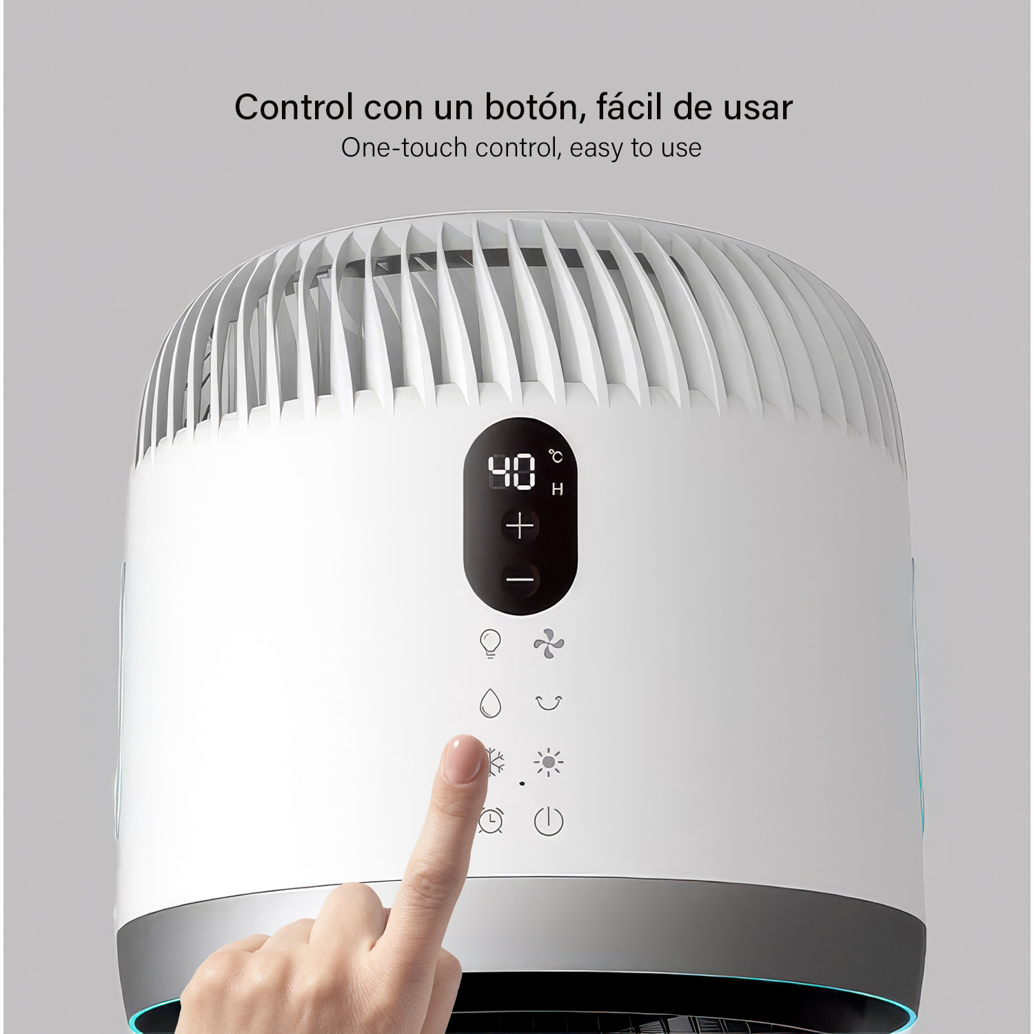 Climatizador multifunción HF-418 con calefacción y refrigeración. Con tanque de agua de 3L, pantalla táctil, luz esterilizadora y mando de control remoto.