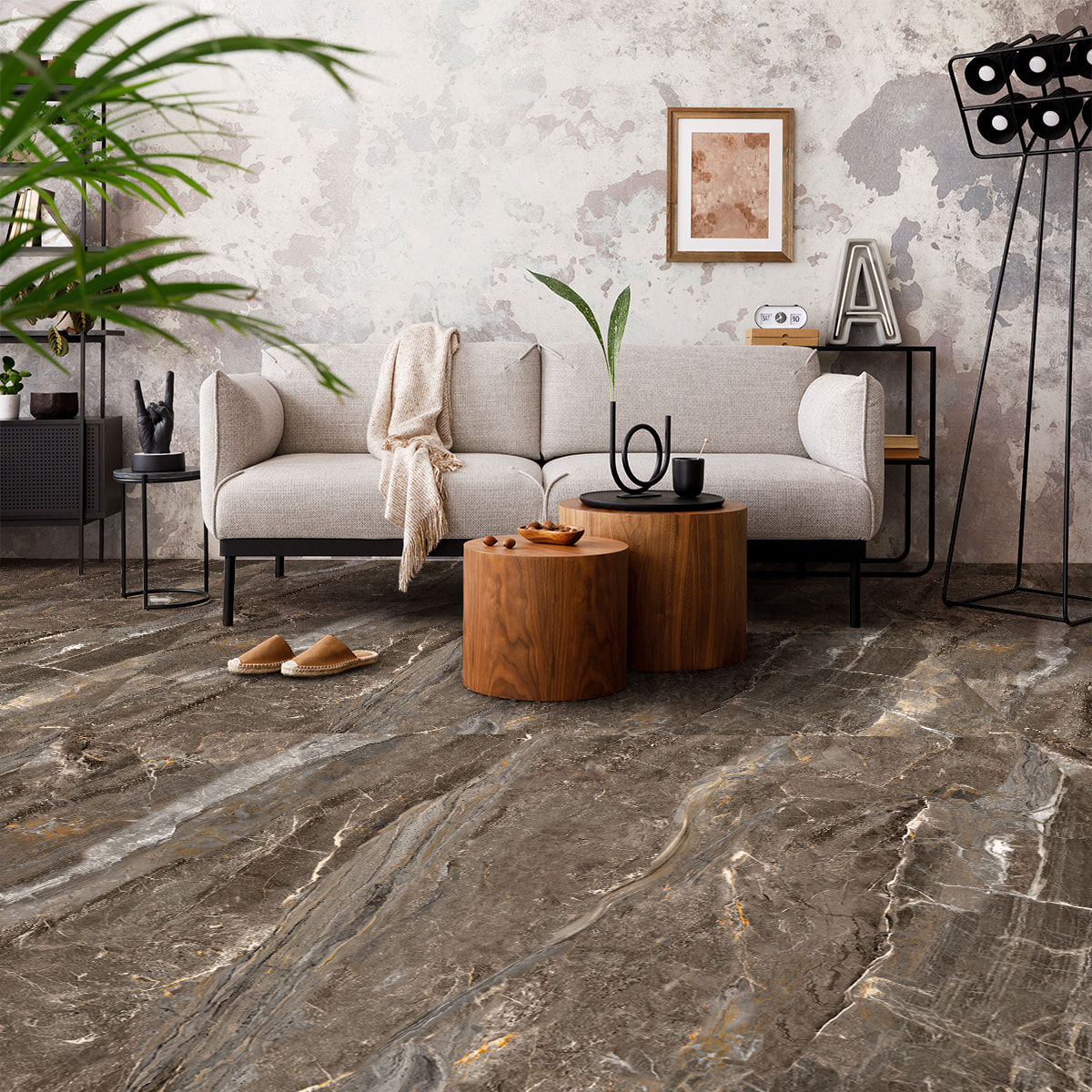 Revêtement sticker sol - MARBRE BRUN - Rouleau adhésif Protection Anti-dérapant