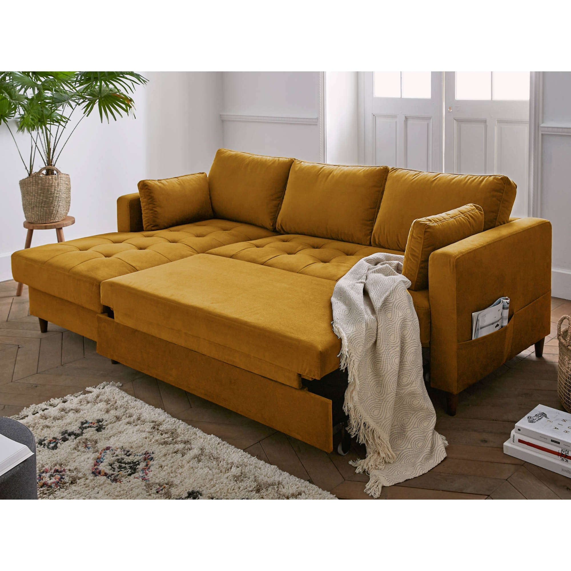 Anna - canapé d'angle gauche - 4 places - convertible avec coffre - en velours - Jaune