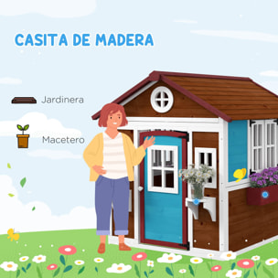 Casa de Jardín Infantil Casa de Madera para Niños con Puerta Ventanas Jardineras y Soportes de Flores 114x126,4x135 cm Marrón Oscuro