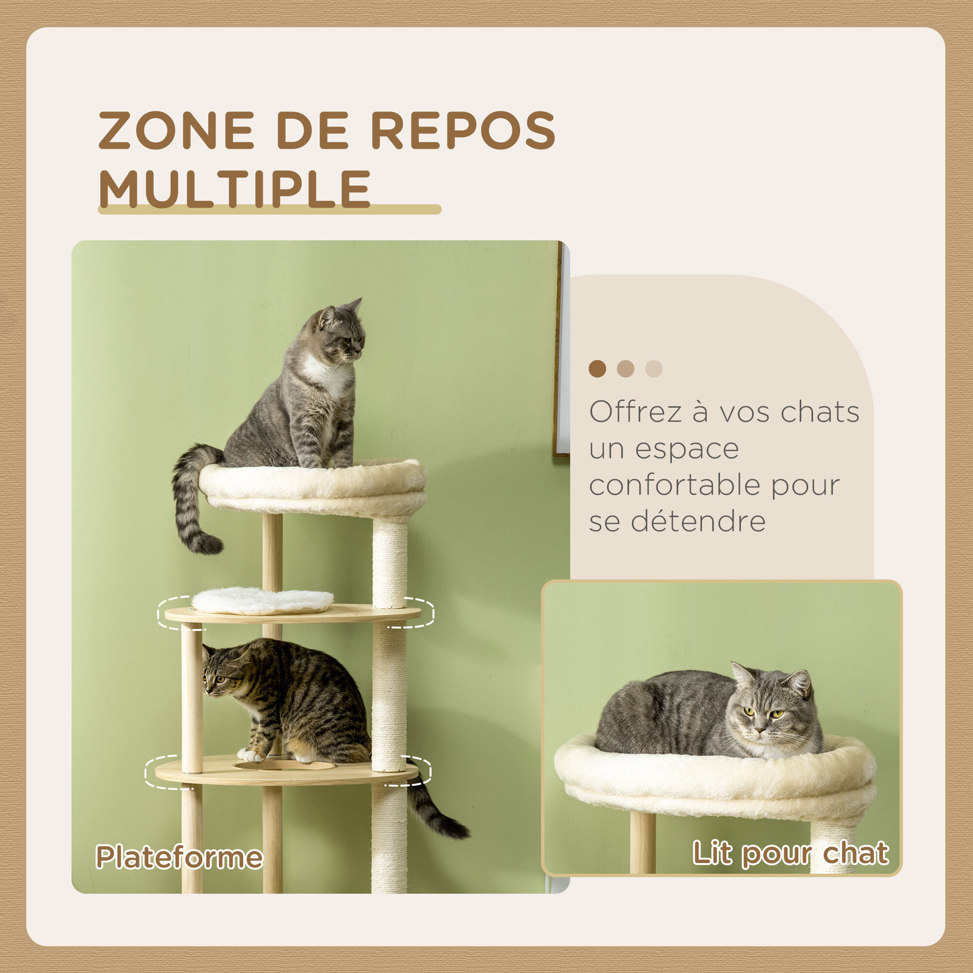 Arbre à chat style nordique griffoir sisal naturel 4 plateformes coussins panier d'observation amovible bois pin panneaux bois clair