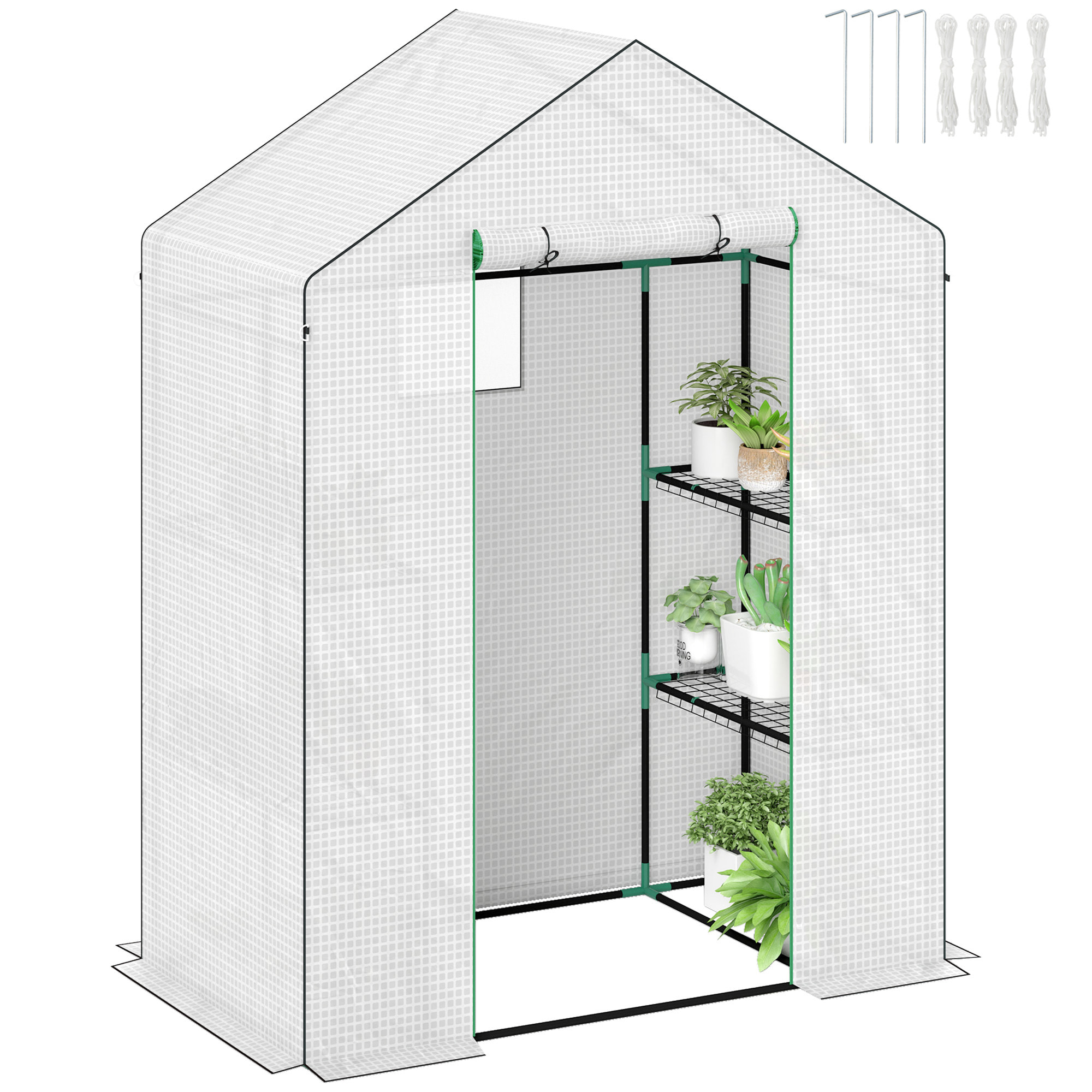 Invernadero de Exterior Invernadero Pequeño de 3 Niveles con 6 Estantes Puerta Enrollable Cubierta de PE y Marco de Acero para Cultivos Plantas Flores 143x74x190 cm Blanco