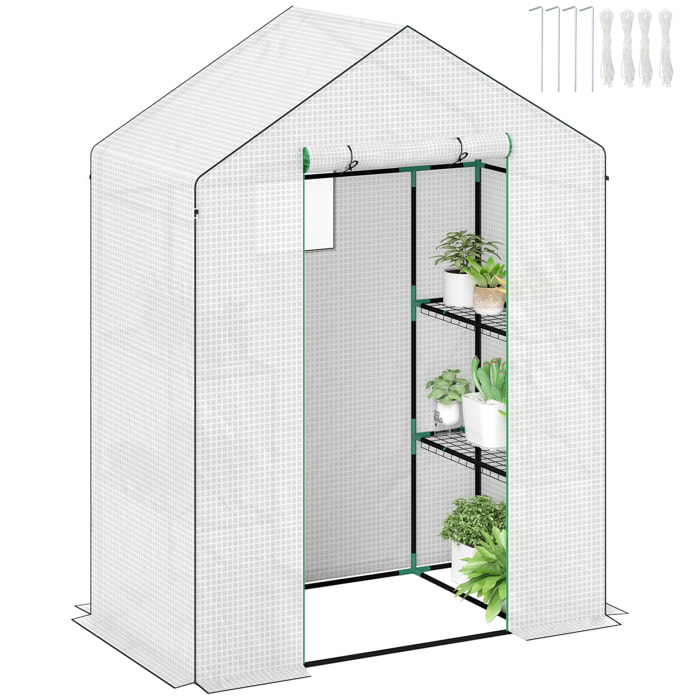 Invernadero de Exterior Invernadero Pequeño de 3 Niveles con 6 Estantes Puerta Enrollable Cubierta de PE y Marco de Acero para Cultivos Plantas Flores 143x74x190 cm Blanco