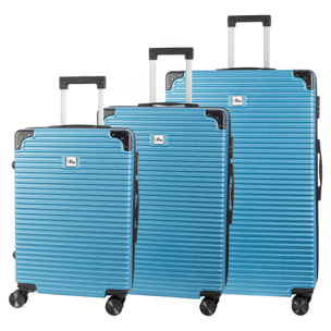 DAM Set di 3 valigie Trolley, in materiale leggero ABS ad alta resistenza con angoli rinforzati. Serratura numerica e 4 ruote doppie rimovibili e girevoli a 360°. 54x32x80 Cm. Colore: Blu Denim