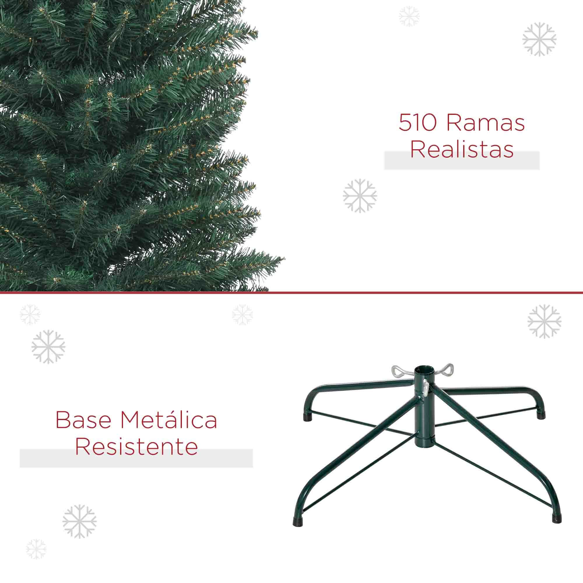 Árbol de Navidad Estrecho 210 cm, Árbol de Navidad Artificial con 510 Ramas, Base Plegable y Soporte Metálico, Fácil Montaje, para Salón, Interior, Verde