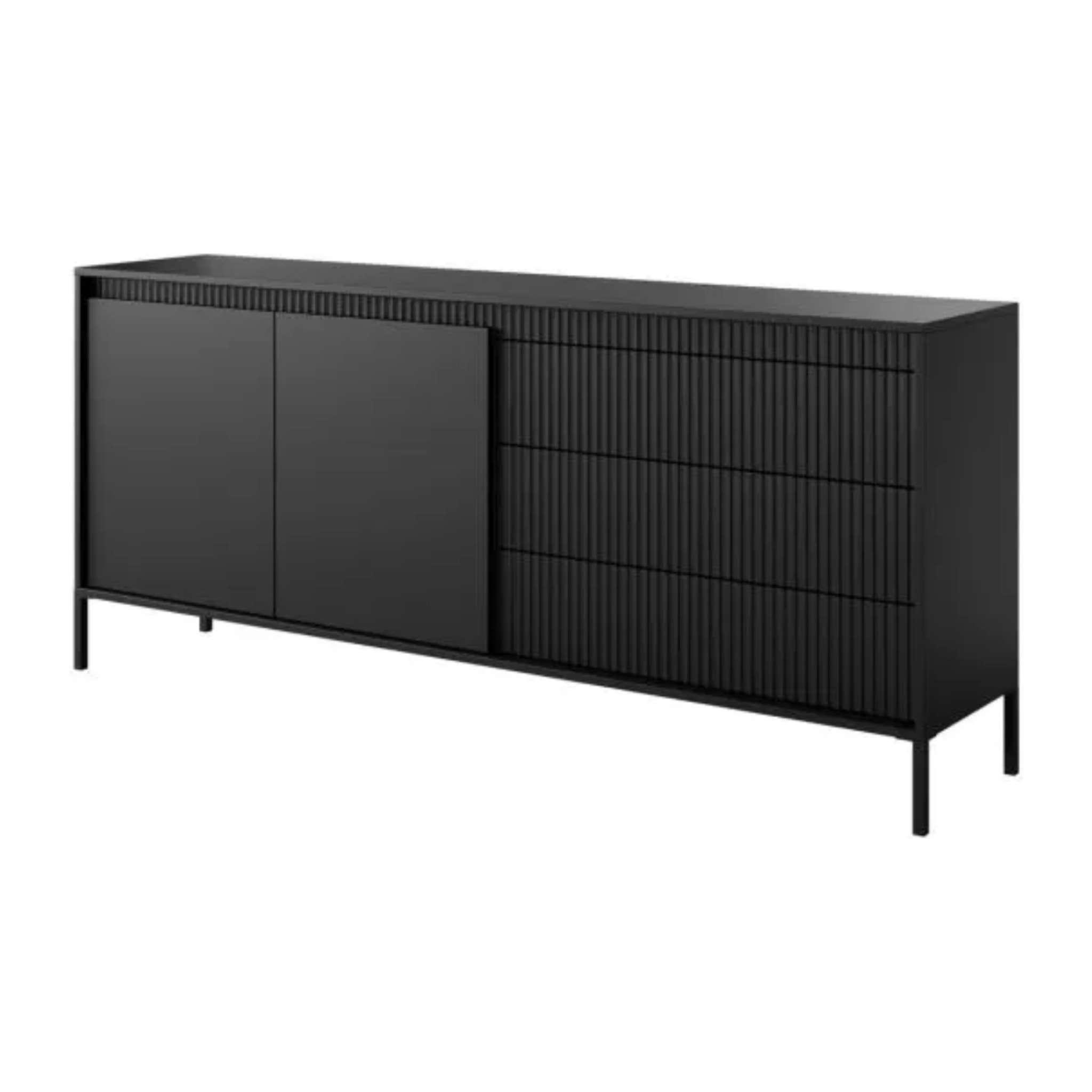 Madia Credenza 2 Ante 3 Cassetti Push To Open Con Ripiani E Vani Mobile Soggiorno Design Moderno Con Piedini In Metallo 187.1 x 81.4 x 39.5 Cm Nero