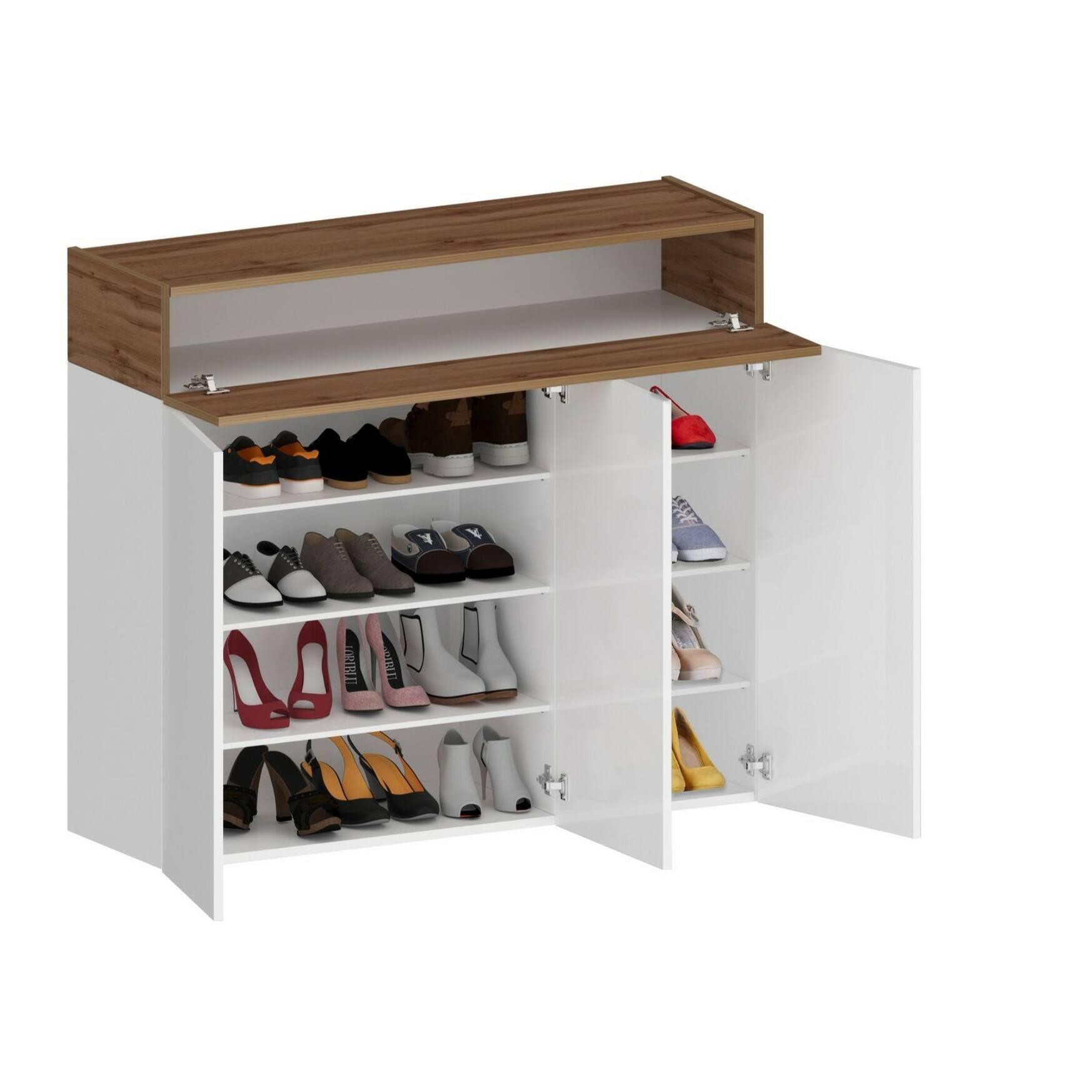 Scarpiera Dcanestrell, Porta scarpe salvaspazio a 4 ante, Armadio multifunzione da ingresso, 114x38h100 cm, Bianco e Rovere