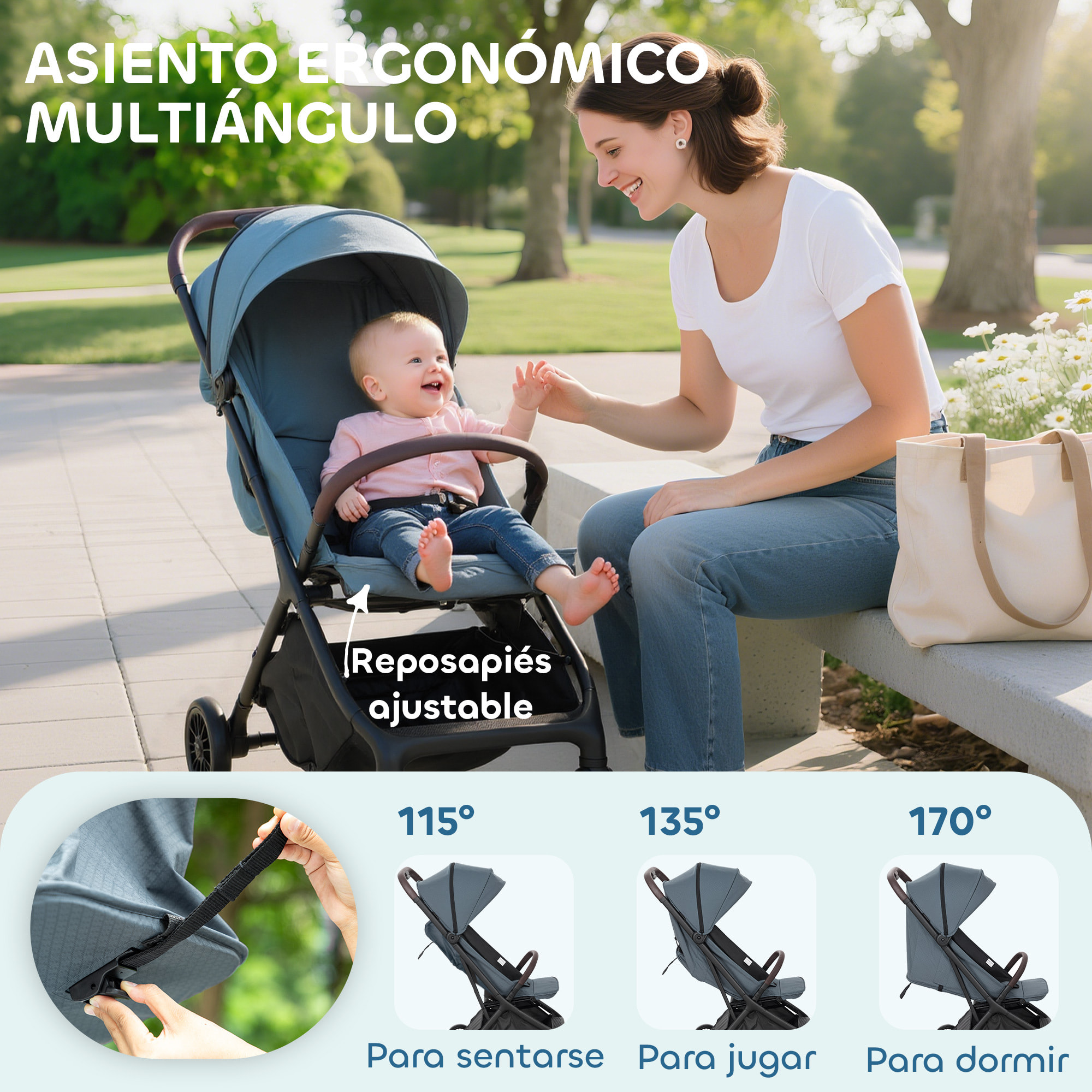 Silla de Paseo Ligera, Carrito para Bebé Plegable, Respaldo Reclinable, Reposapiés Ajustable, Capota, Arnés de 5 Puntos, Ruedas con Suspensión, Carga Máxima 15 kg, Azul Oscuro