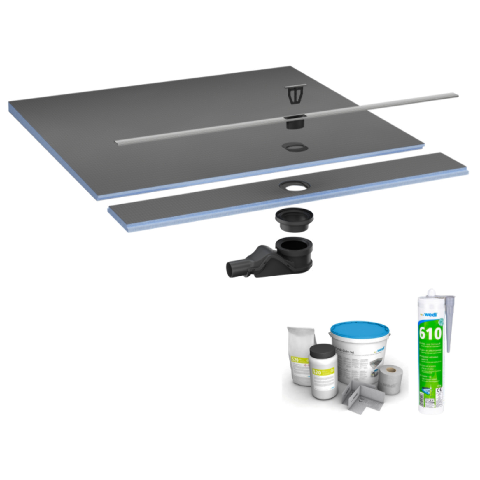 Pack receveur de douche pré-penté 164 x 120 x 3,5 cm WEDI Fundo Flex bois + bonde horizontale + écoulement linéaire + support + colle 610 + kit d'étancheité