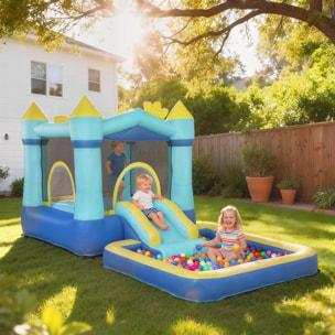 Castillo Hinchable para Niños con Soplador, Castillo Hinchable con Tobogán, Cama Elástica, Piscina y Aro de Baloncesto, para Niños 3-8 Años, Interior y Exterior, 364x173x182 cm, Azul
