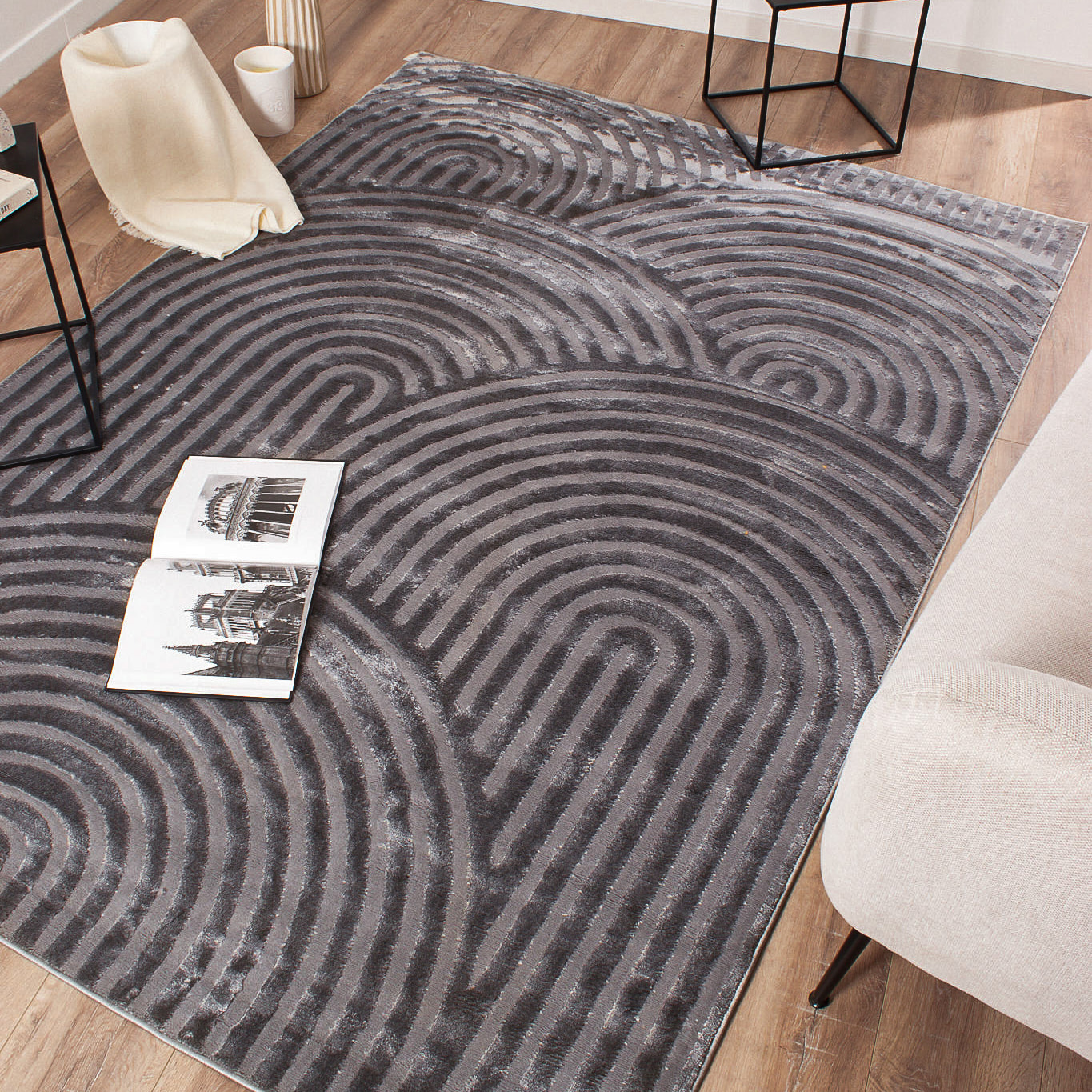 BIANCA - Tapis arc-en-ciel gris avec longs poils en relief