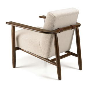 GASTON - Fauteuil tissu bouclette écru structure et accoudoirs en bois