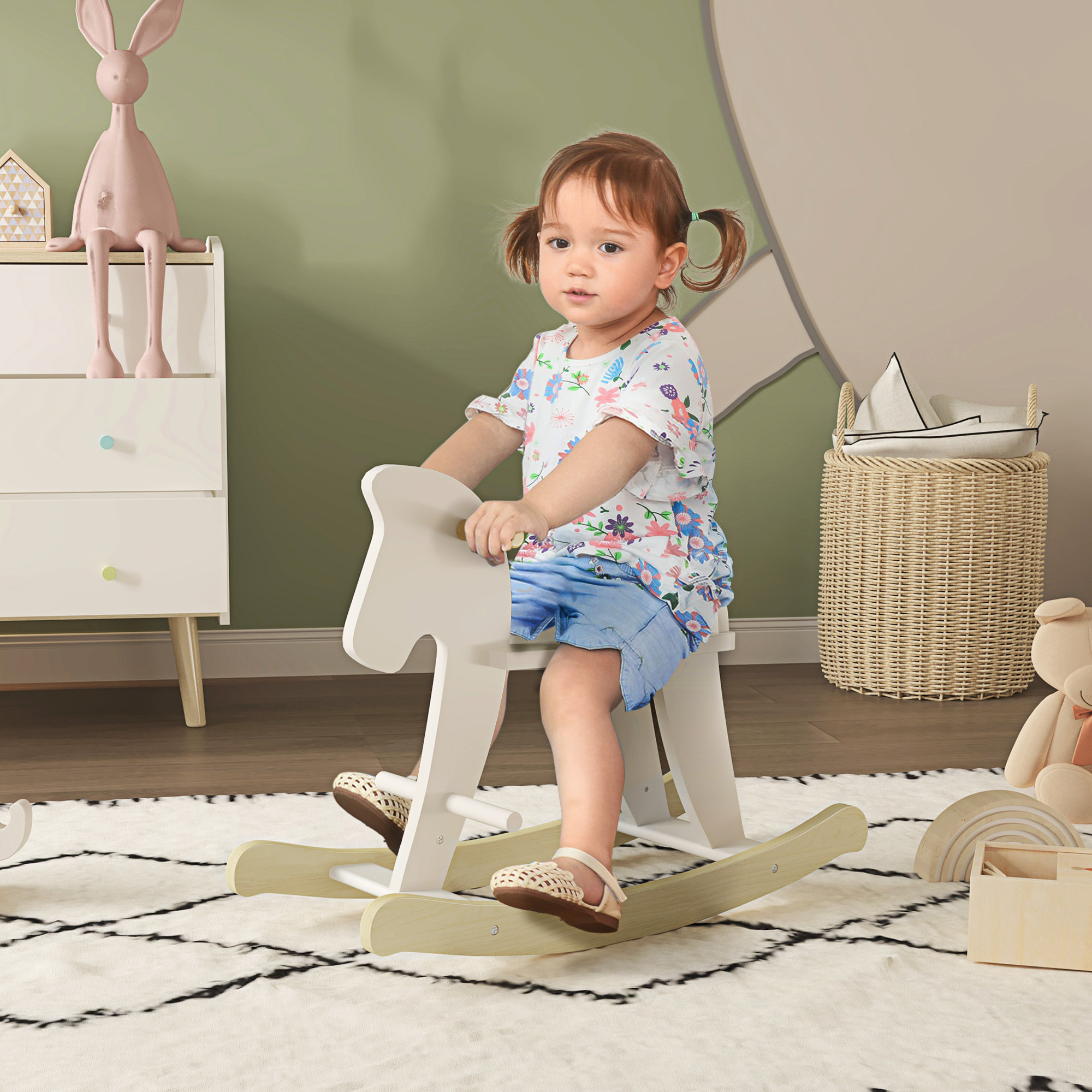 Caballito Balancín para Bebés, Caballo Balancín con Base de Madera, Diseño Clásico y Trabajo Artesanal Sólido, para Niños de 1-3 Años, Blanco