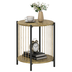 Mesa Auxiliar Redonda de 2 Niveles Mesita Auxiliar Bohemio con Estante y Estructura de Acero para Salón Dormitorio 43,5x43,5x51 cm Natural