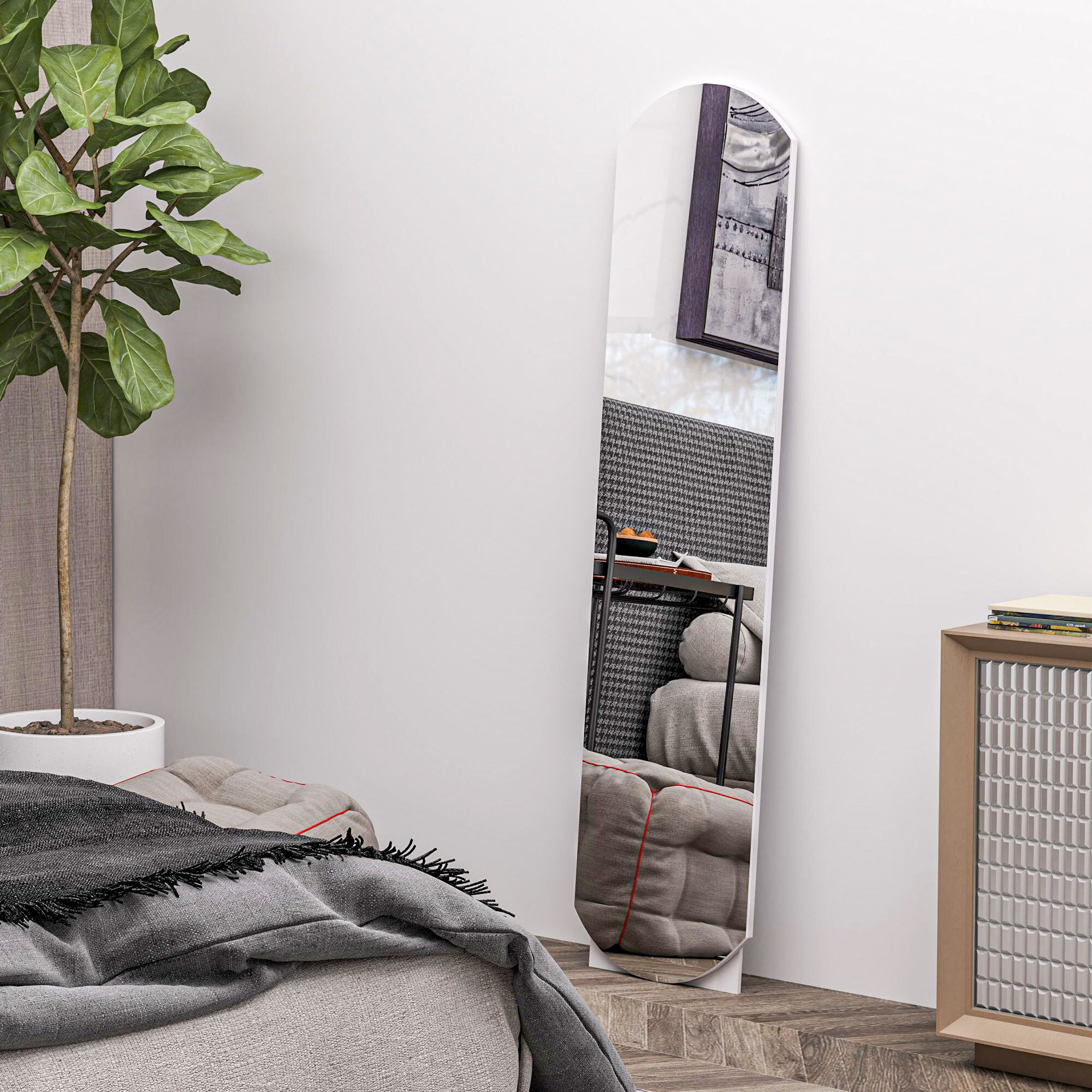 Miroir sur pied ou mural 150 cm avec étagère de rangement, grand miroir arqué pour chambre, entrée ou couloir, blanc