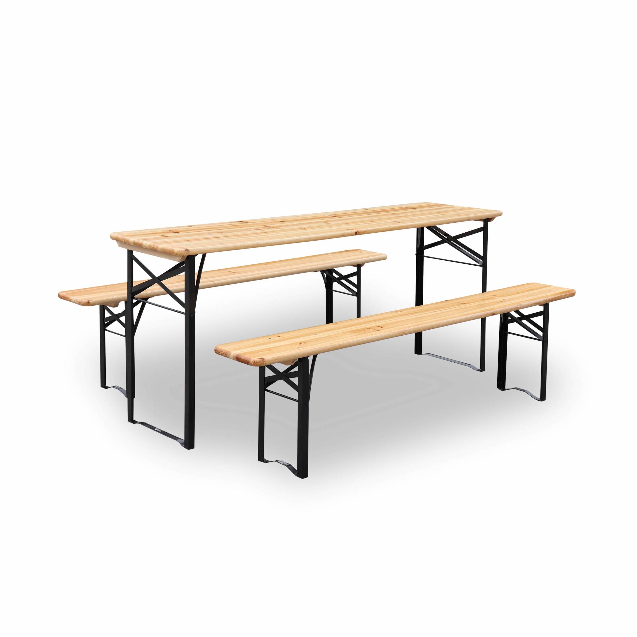 Table de jardin pliante bois de sapin + 2 bancs BAYONNE – Esprit brasserie. pliable. 6 personnes