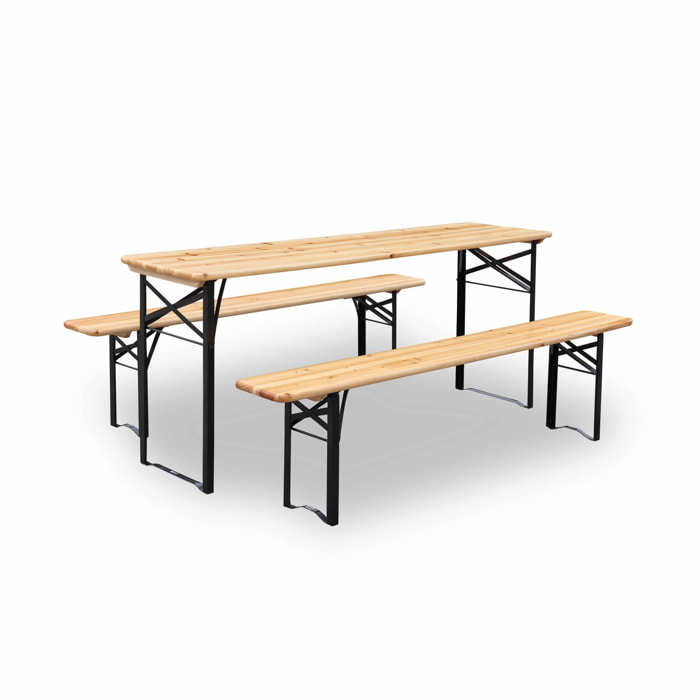 Table de jardin pliante bois de sapin + 2 bancs BAYONNE – Esprit brasserie. pliable. 6 personnes