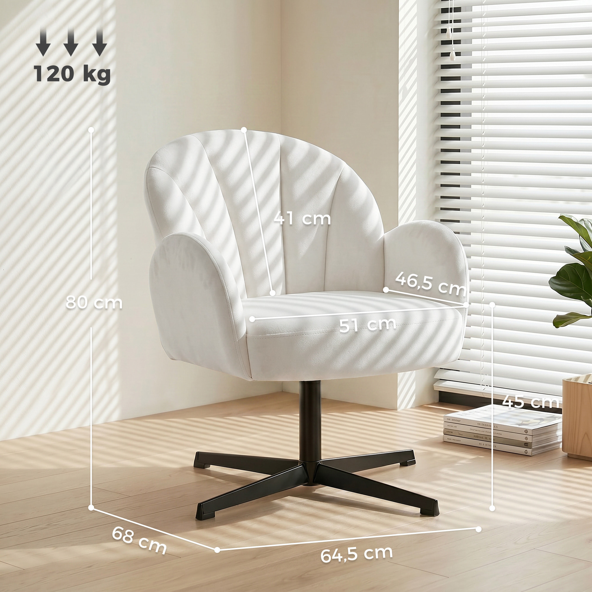Sillón de Salón Giratorio, Butaca de Salón Tapizada en Terciopelo con Respaldo en Forma de Concha, Cojín con Resortes, Base Cruzada, Sillón de Relax para Dormitorio, Oficina, Estudio, Crema