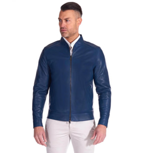 Giacca in pelle naturale colore blu denim con cerniera