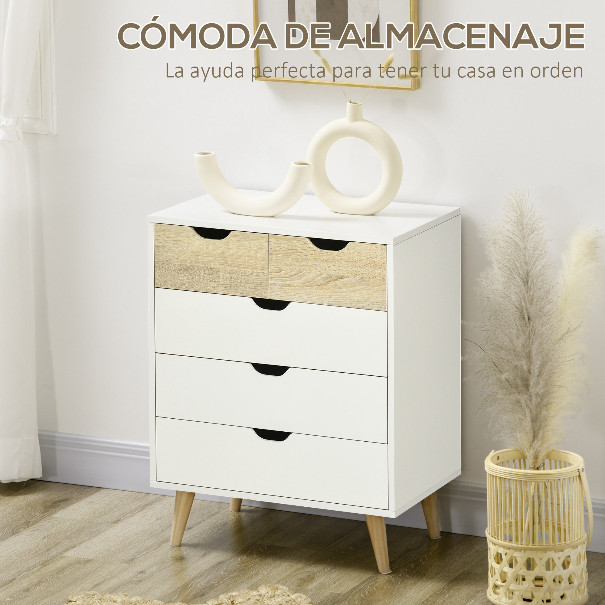 Cómoda con 5 Cajones Cajonera de Armario con Patas Elevadas para Dormitorio Salón Estudio Estilo Moderno Antivuelco 60x40x77,5 cm Natural y Blanco