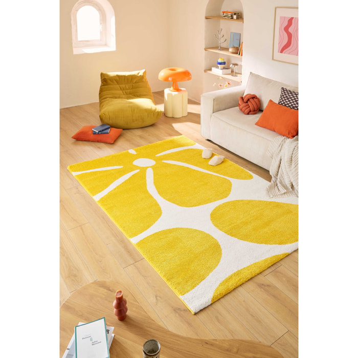 GROOVY - Tapis rétro coloré à motif fleur - Confortable et moelleux - Jaune