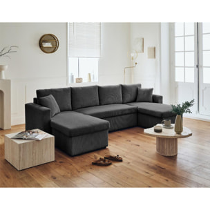 Cyrus - canapé panoramique en U - 7 places - convertible avec coffre - en velours côtelé - Gris foncé