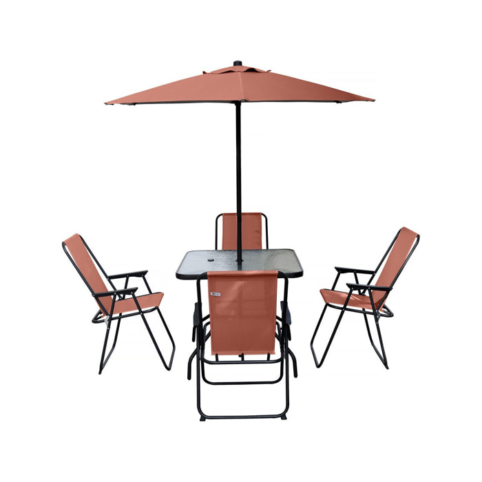 Table et chaises de jardin avec parasol en métal "Convivia" - 4 places - Terracotta