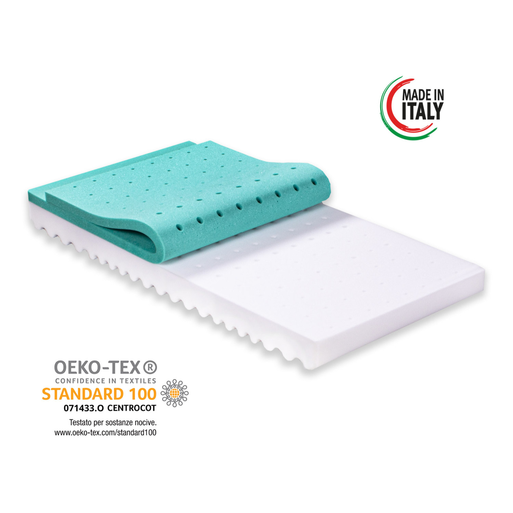 Materasso per culla lettino ALOE DREAM antisoffoco misura 64x124 cm alto 12 cm con rivestimento sfoderabile e lavabile in lavatrice con cuscino antisoffoco in omaggio.