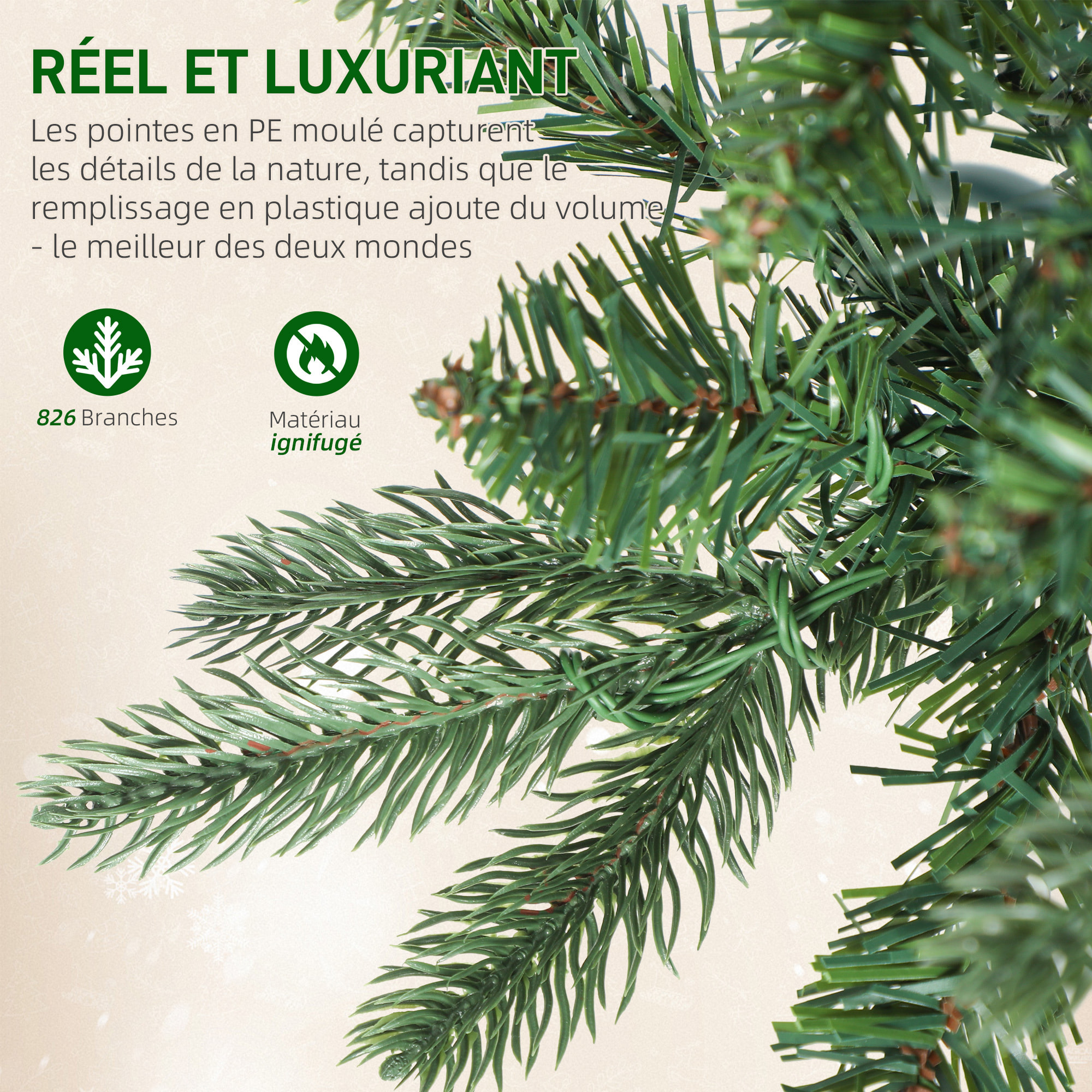 Sapin de Noël artificiel LED x 300 blanc chaud 8 modes H.210 cm 826 branches support vert