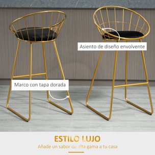 Juego de 2 Taburetes Altos de Cocina con Asiento de Tela Taburetes de Bar Sillas Acapulco con Respaldo y Reposapiés para Comedor 52,5x47x97 cm Dorado