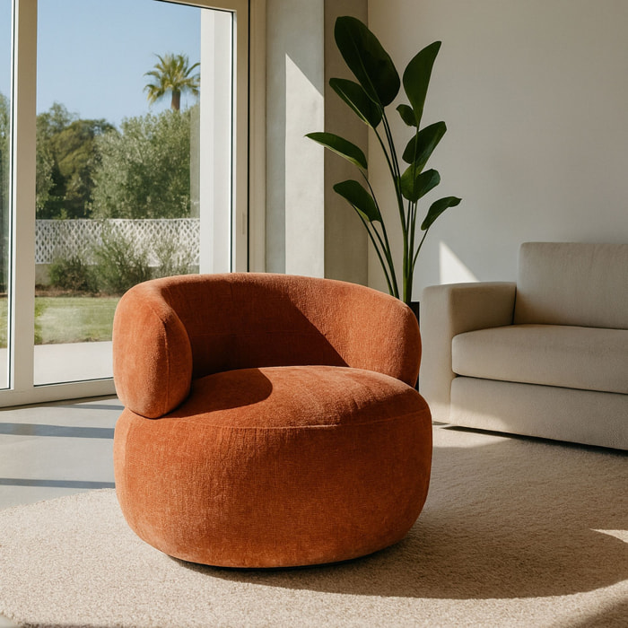 Fauteuil pivotant en velours texturé terracotta GLOVE